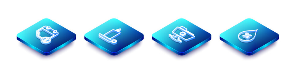 Set Isometric line Calendar and clock, Burning candle in candlestick, FTP sync refresh and Water drop percentage icon. Vector