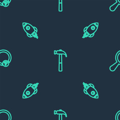 Set line Hammer, Rocket ship with fire and Unknown search on seamless pattern. Vector