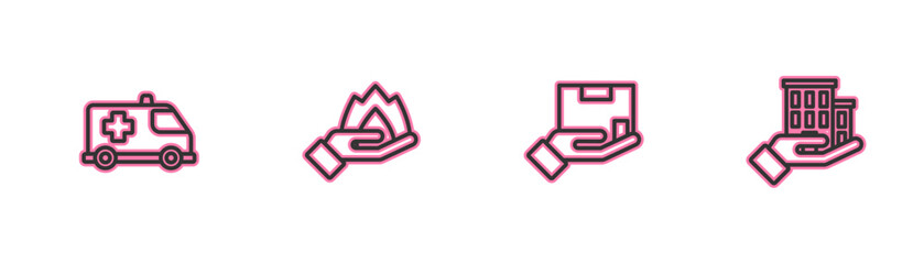 Set line Emergency car, Delivery insurance, Hand holding fire and House icon. Vector