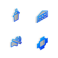 Set Isometric line Warehouse, Speaker, mute and Processor with CPU icon. Vector