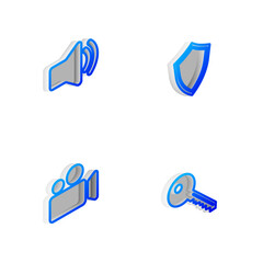 Set Isometric line Shield, Speaker volume, Movie or Video camera and Key icon. Vector