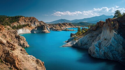 Fototapeta premium Rocky cliffs rise from the clear turquoise waters of the lake, surrounded by lush greenery under a bright blue sky with scattered clouds, creating a peaceful scene in nature