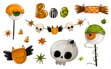 Halloween hand drawn collection on isolated background. Harror and scary cartoon hand drawn set