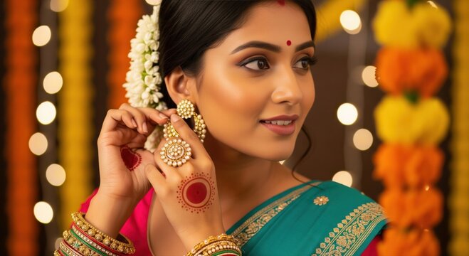 young indian woman wearing traditional sari celebrating diwali festival at home - Powered by Adobe