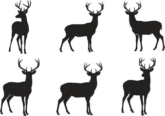Deer silhouette set, male buck pose, antler design, wildlife icon, forest animal, black vector, nature theme, hunting graphic, rustic style