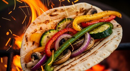 Grilled vegetable flatbread over an open flame, showcasing vibrant colors and textures of the roasted vegetables