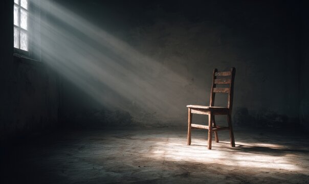 Solitary Chair in a Dark Room Bathed in Sunlight.