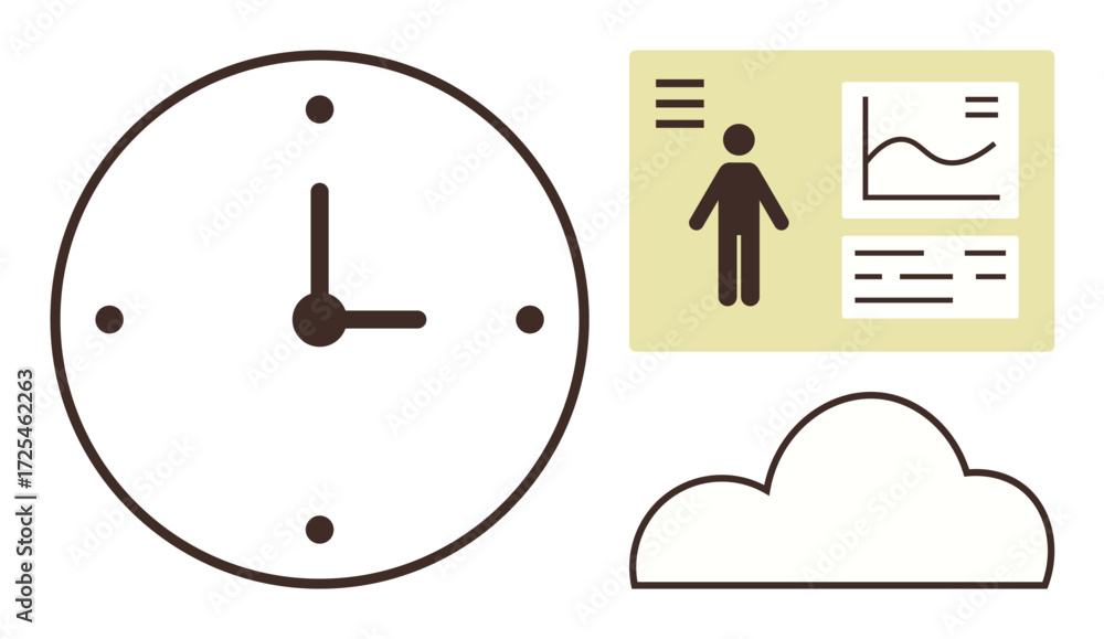 Poster clock representing time, cloud icon, and infographics with figure and graphs. ideal for productivity