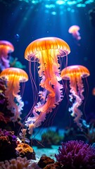 Vibrant jellyfish in an underwater aquarium