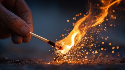 Igniting a match creates a burst of light and heat, showcasing the power of a small flame as it spreads. A symbol of potential and transformation.