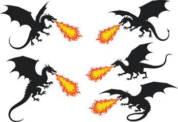 Fire-breathing dragon illustration set, black silhouette, fantasy creature, flame effect, mythical beast, vector art, fierce pose, battle icon, epic theme