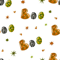 Boo pattern. Halloween hand drawn seamless pattern on isolated background. Horror and scary cartoon hand drawn textile pattern, design, print