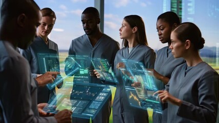 Professionals collaborate in a bright, modern office, analyzing digital data on holographic displays. They focus intently on the screens, sharing insights and discussing findings in real time - Powered by Adobe