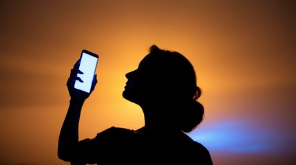 Silhouette of woman holding glowing mobile phone under dramatic blue sky in surreal light&rdquo;
