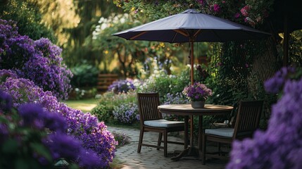 Obraz premium Cozy garden furniture with parasol, chairs and table, surrounded by greenery and purple