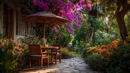 Obraz premium Cozy garden furniture with parasol, chairs and table, surrounded by greenery and purple