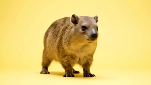 A rock hyrax stands against a yellow backdrop facing the viewer showcasing its furry texture and compact build