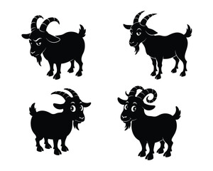 Four black silhouette illustrations of goats with horns and beards standing on a white background