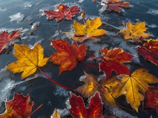 Colorful autumn leaves floating on frozen water surface