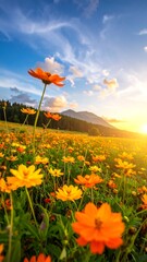 Vibrant sunset over a field of cosmos flowers