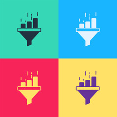 Pop art Sales funnel with chart for marketing and startup business icon isolated on color background. Infographic template. Vector