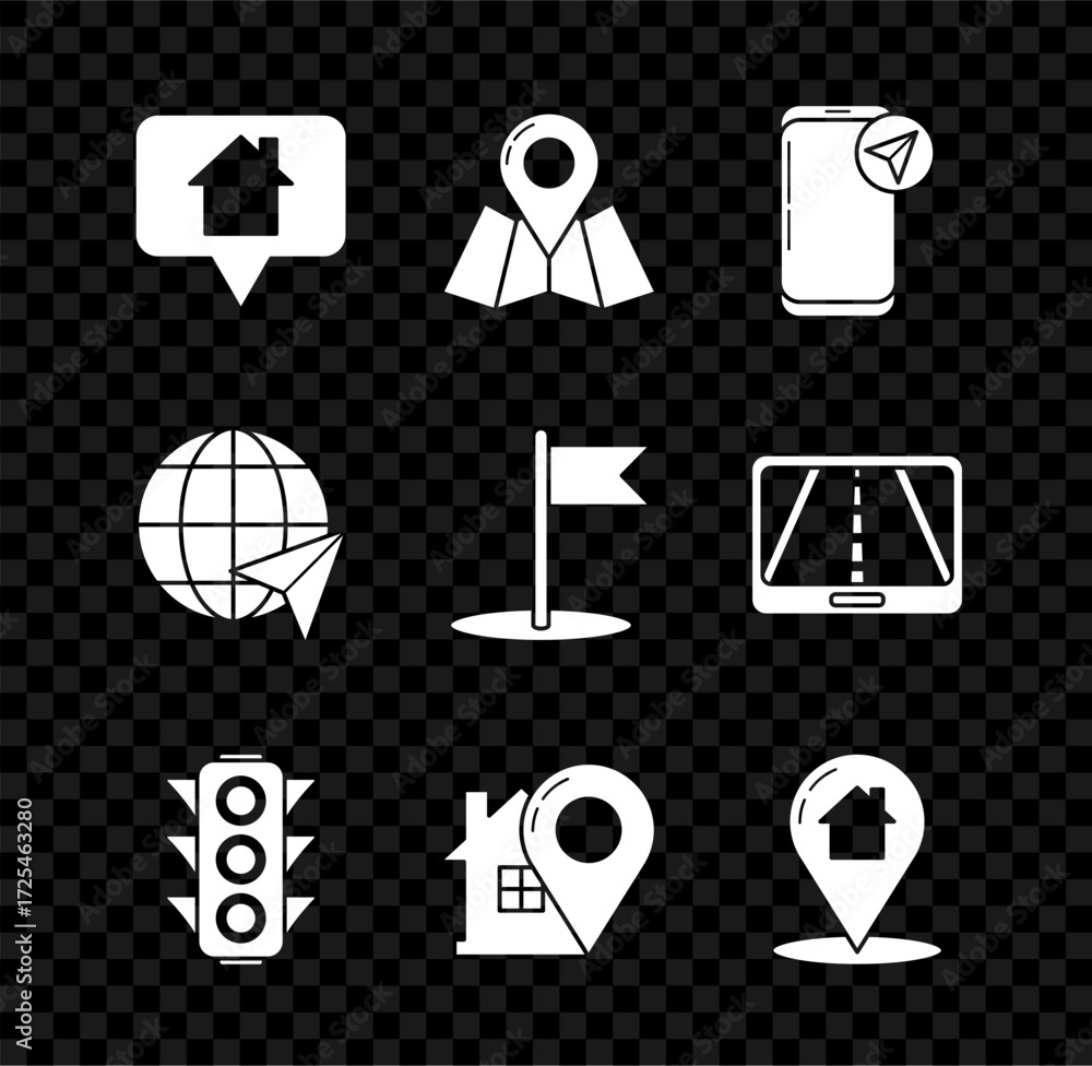 Poster set map pointer with house, folded map location marker, infographic of city navigation, traffic ligh