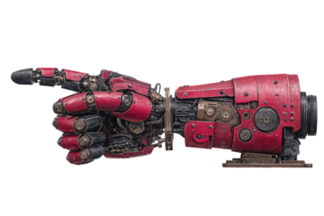 Red Robotic Arm Pointing on Transparent Background