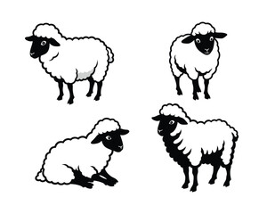 Four stylized black and white line art illustrations of fluffy sheep in different poses on a white background