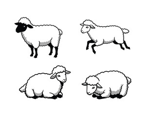 Collection of four whimsical hand drawn black and white illustrations of fluffy sheep in various playful poses and moods