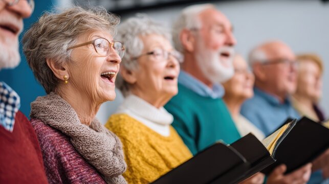 Group of seniors participating in choir singing with conductor leading and songbooks in community center, demonstrating vocal arts and musical group activities.