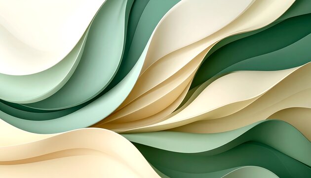Elegant abstract background with flowing green and beige layers.