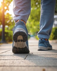 Senior individual taking morning walk in residential park with comfortable walking shoes, active aging concept, healthy lifestyle theme, elderly fitness routine, wellness exercise program.