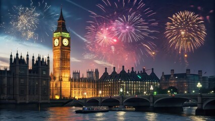Fireworks over Big Ben and the Houses of Parliament in London at night, festive celebration with city lights and reflections on the River Thames, ideal for New Year, national events, tourism, Travel