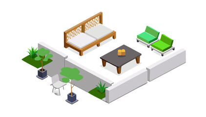 Vector Backyard Furniture and Accessories in Isometric Style