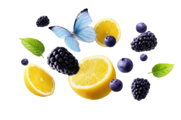 Blue Butterfly and Fresh Berries with Lemon Slices on Black Background
