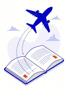 Vector silhouette of an airplane above an open book for courseware and tutorial resources