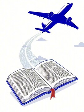 Sleek vector silhouette of an airplane flying above an open book for e-learning course use