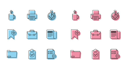 Set line Document folder, Completed task, Cup of tea and leaf, with minus, Briefcase, News, Bookmark and Printer icon. Vector