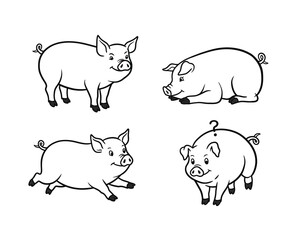 Set of four charming hand drawn cartoon pigs in different playful poses and expressions on a white background