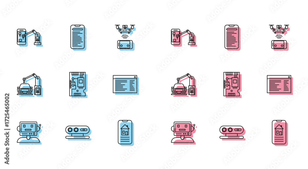 Poster set line robot, smart home, electronic computer components motherboard digital chip, software, web d
