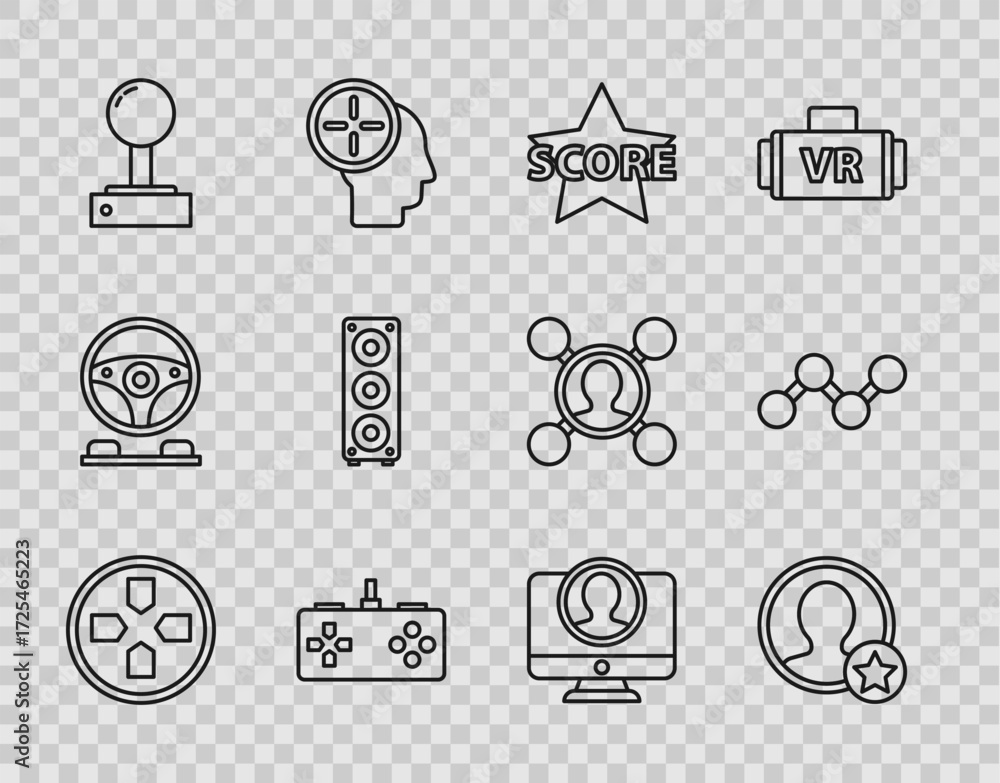 Poster set line gamepad, premium create account screen, star, joystick for arcade machine, stereo speaker, 