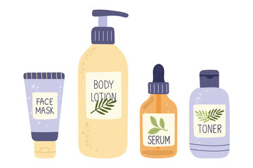 Skincare cosmetic bottles with face mask tube, body lotion pump, serum dropper and toner container —  beauty product illustration for self care design, spa treatment graphics, organic cosmetic.