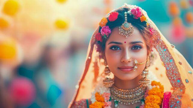 Captivating portrait of beautiful South Asian woman, possibly bride, adorned with intricate gold jewelry, delicate flowers, and flowing veil, exuding grace and cultural elegance against vibrant, festi - Powered by Adobe