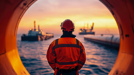 Dedicated maritime worker in bright orange safety gear and red hard hat stands framed, observing distant ships and offshore operations against dramatic ocean sunset.
