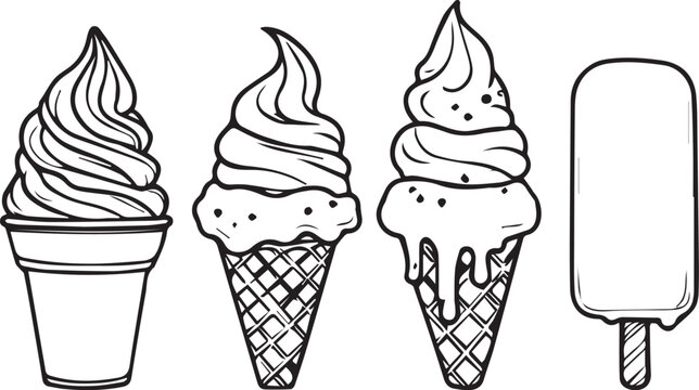 Black and white vector set of soft serve ice cream and popsicle icons for dessert, summer, food themes