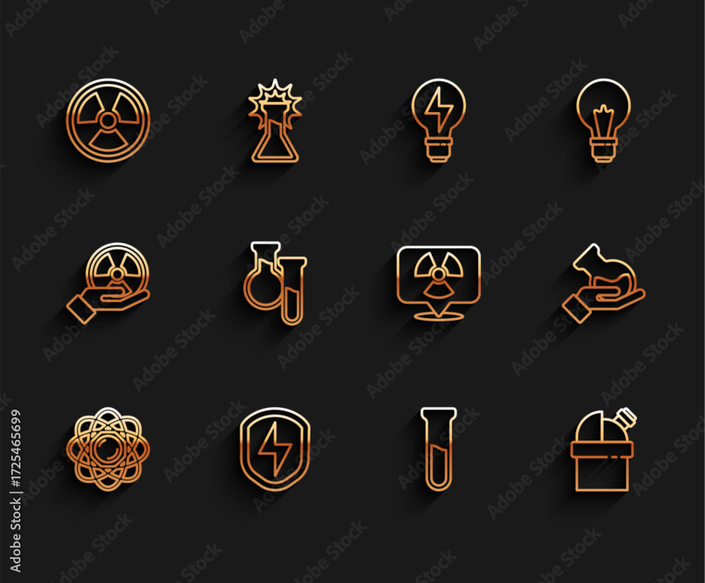 Poster set line atom, secure shield with lightning, radioactive, test tube and flask, astronomical observat