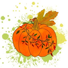 A pumpkin adorned with autumn leaves and vines against a green and yellow paint splatters background.