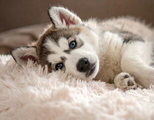 Obraz premium Adorable Husky Puppy Resting on Fluffy Pink Blanket