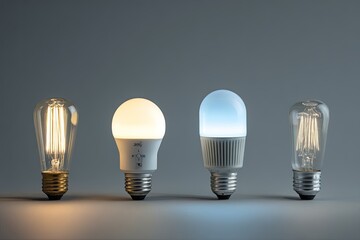 Four LED light bulbs of varying color temperatures, arranged in a row against a neutral gray background.  Different styles and color outputs are showcased