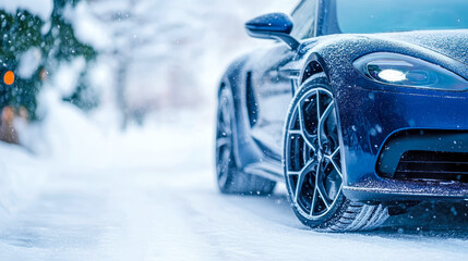 Elegant dark blue sports car showcasing its modern design and bright LED headlight, covered in glistening snow on winter road with falling flakes